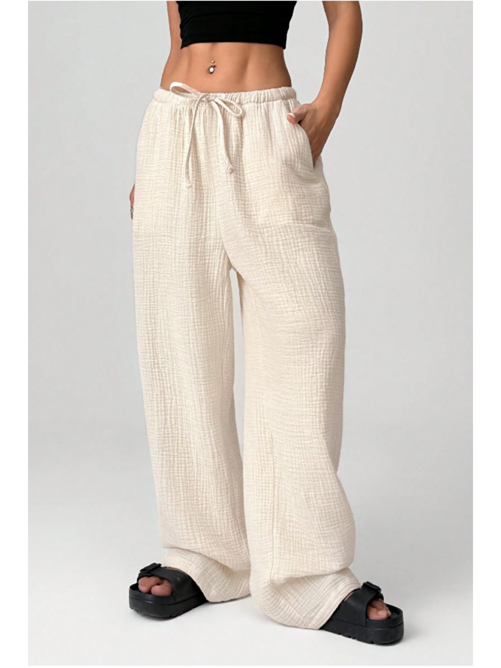 Bej Bol Paça Müslin Kadın Pantolon-1