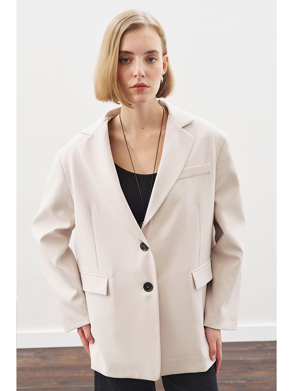 Oversıze Kesim Blazer Ceket Bej-2