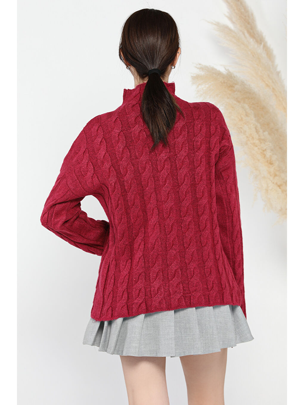 Mürdüm Yarım Balıkçı Yaka Desenli Kadın Triko Kazak-2