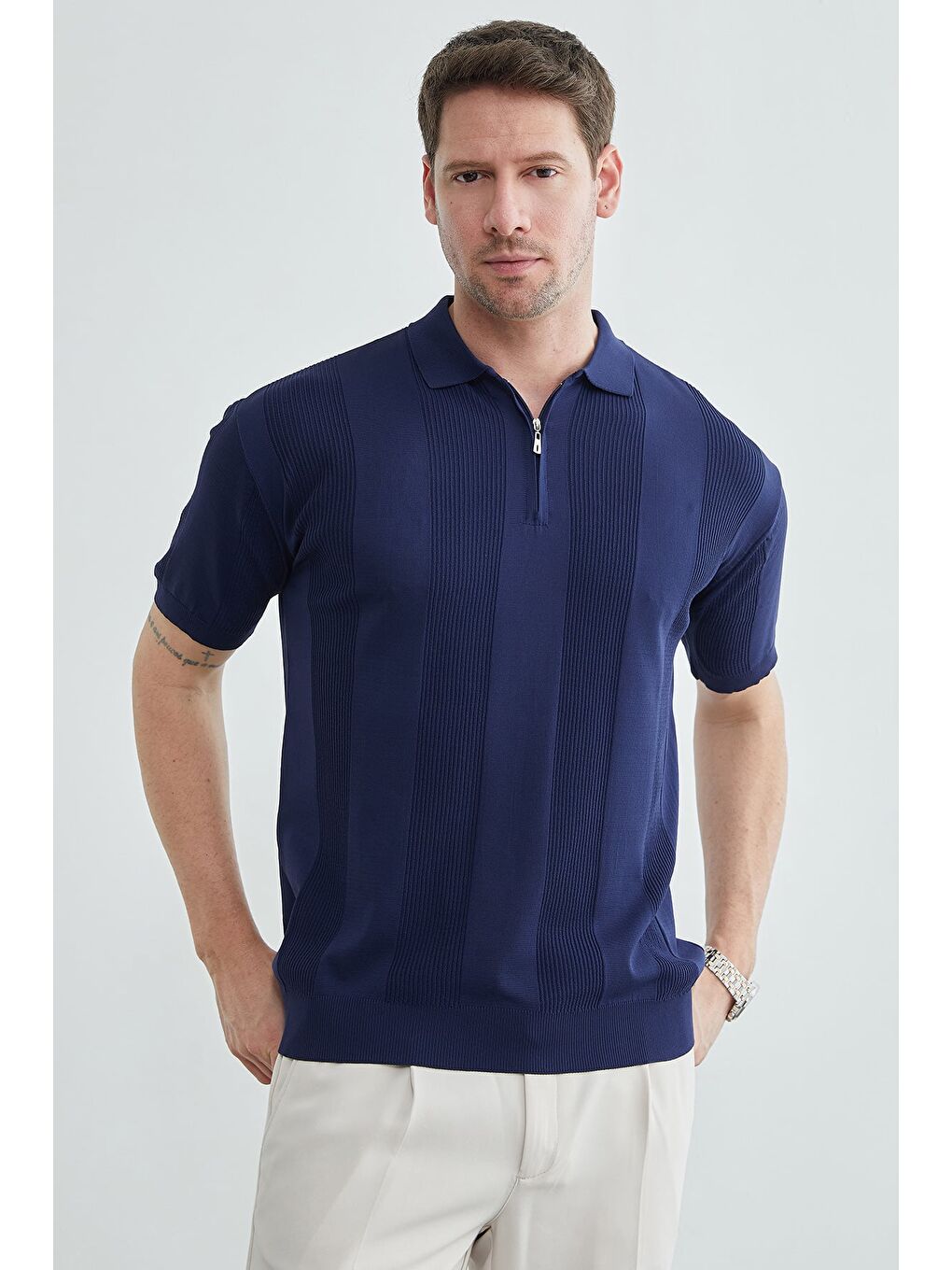 Lacivert Şeritli Yarım Fermuarlı Polo Yaka Triko Tişört-1