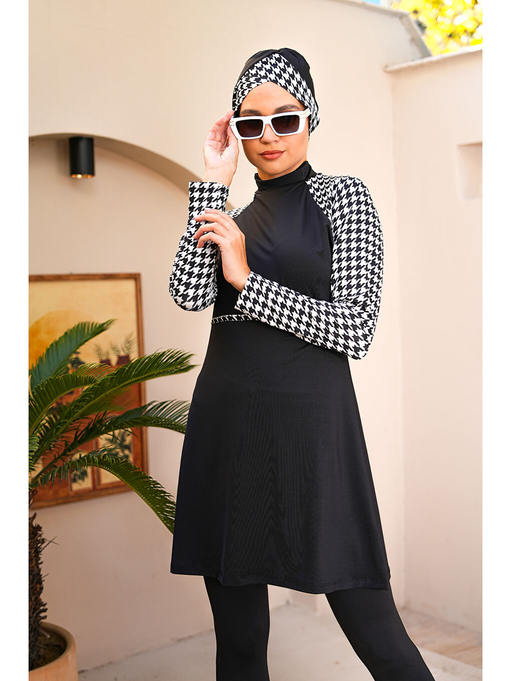 Siyah Kaz Ayağı Desenli Taytlı Kapalı Tesettür Mayo 3710-3
