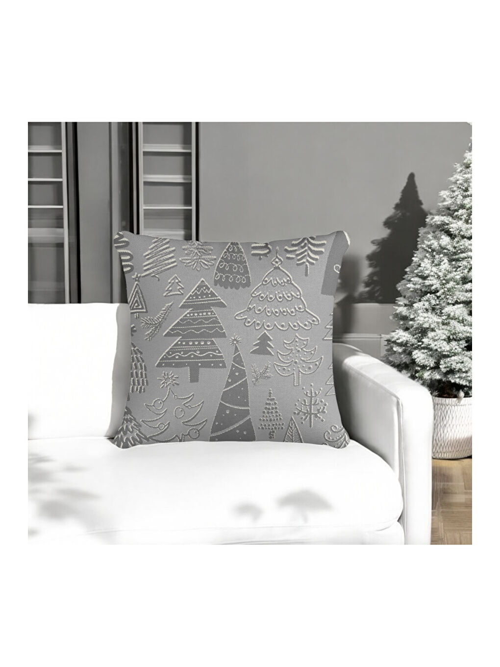 Yılbaşı Temalı Çam Ağacı Çizim Desenli Dekoratif Kırlent Kılıfı - Gri 43x43-1