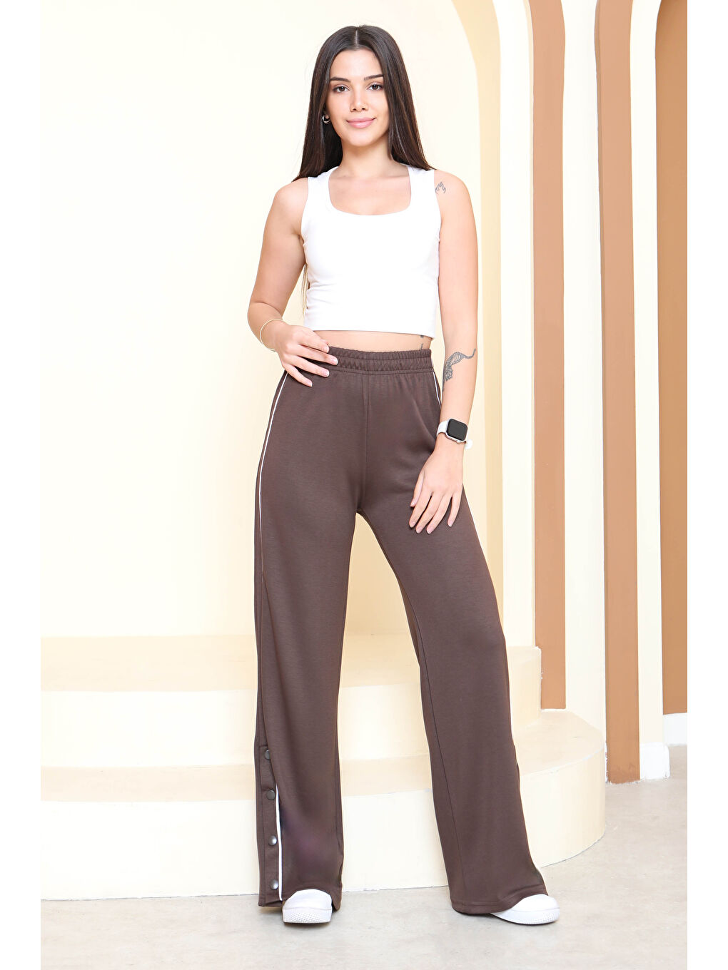 Kahverengi Şetit Ve Çıtcıt Detaylı Modal Pantolon Kahve - 27872-KAHVE