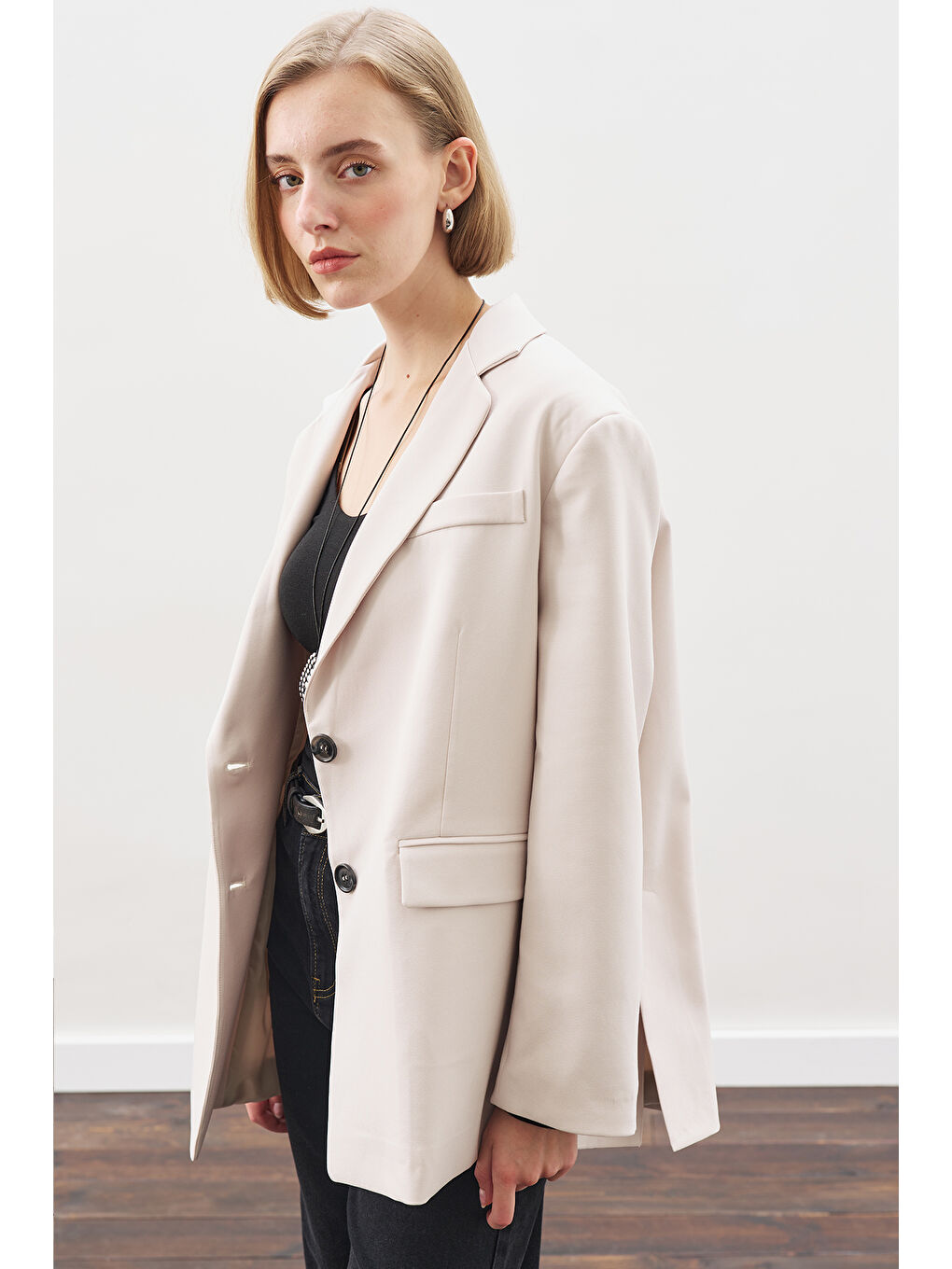 Oversıze Kesim Blazer Ceket Bej-4