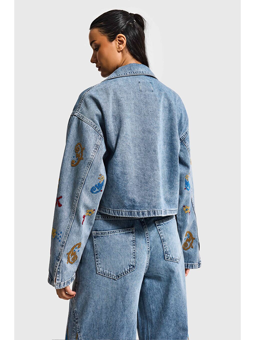 Mavi Kadın Jean Rengi 3s6-32 Bol Kesim Özel Nakış Desenli Tasarım Denm Ceket-3