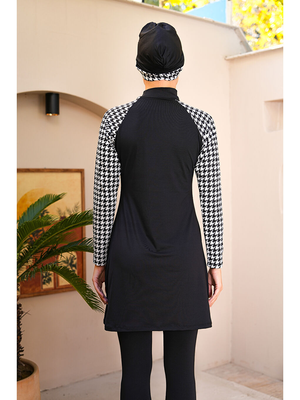 Siyah Kaz Ayağı Desenli Taytlı Kapalı Tesettür Mayo 3710-4