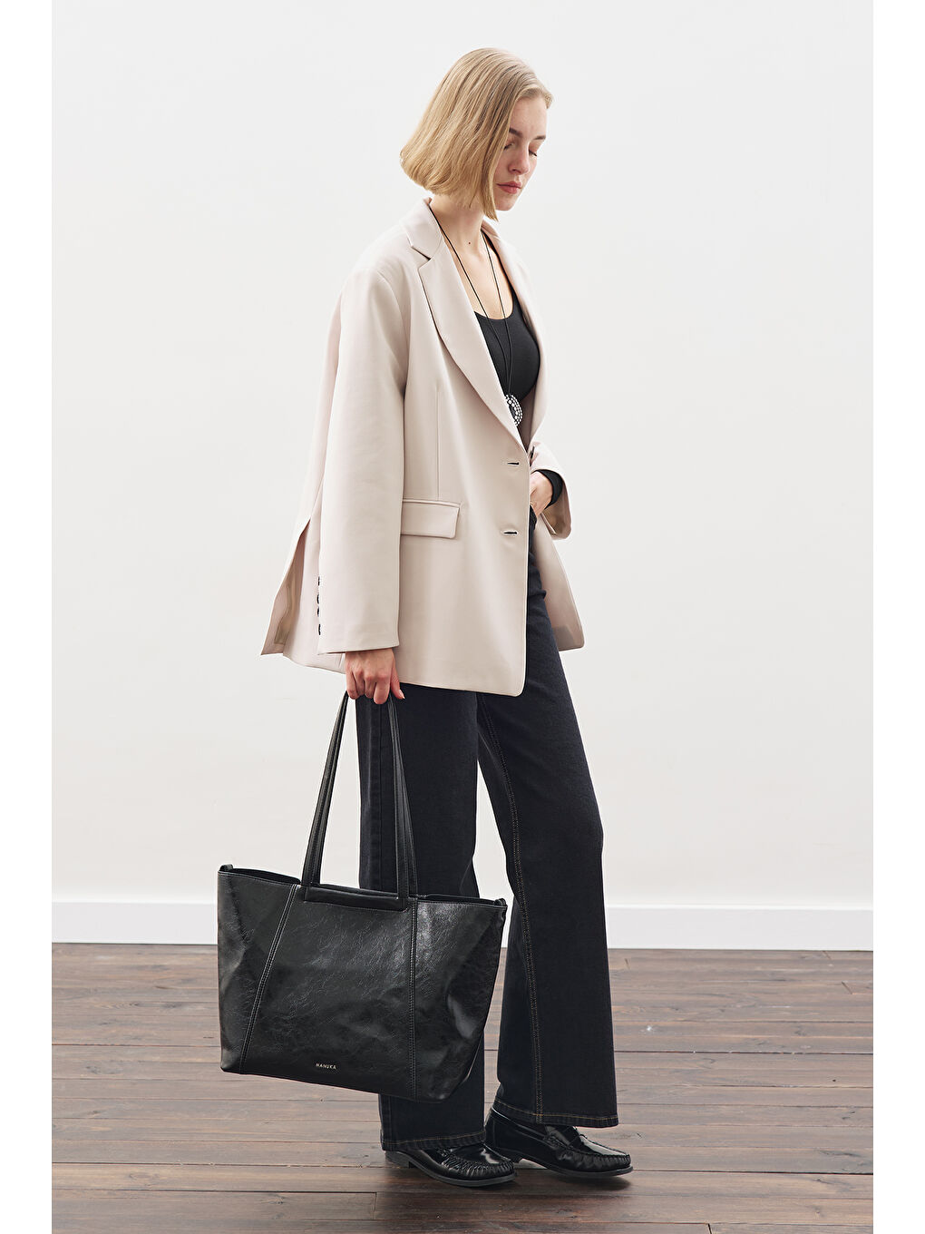 Oversıze Kesim Blazer Ceket Bej-5