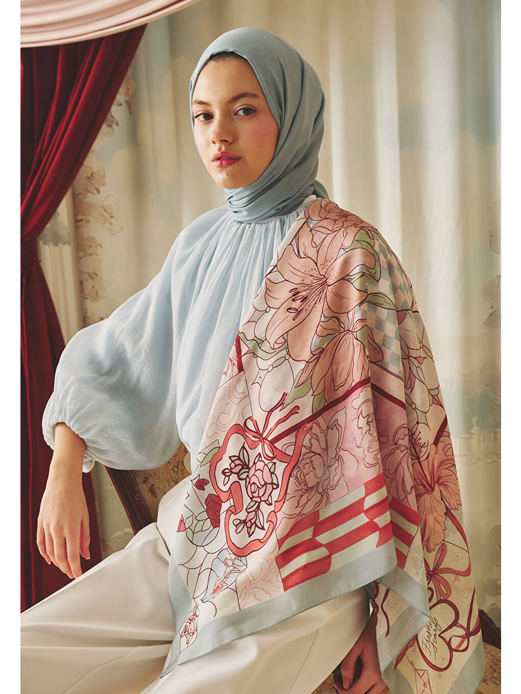 Mavi TALES OF LOVE DESEN FLOŞ VİSKON EŞARP BLUSH-1