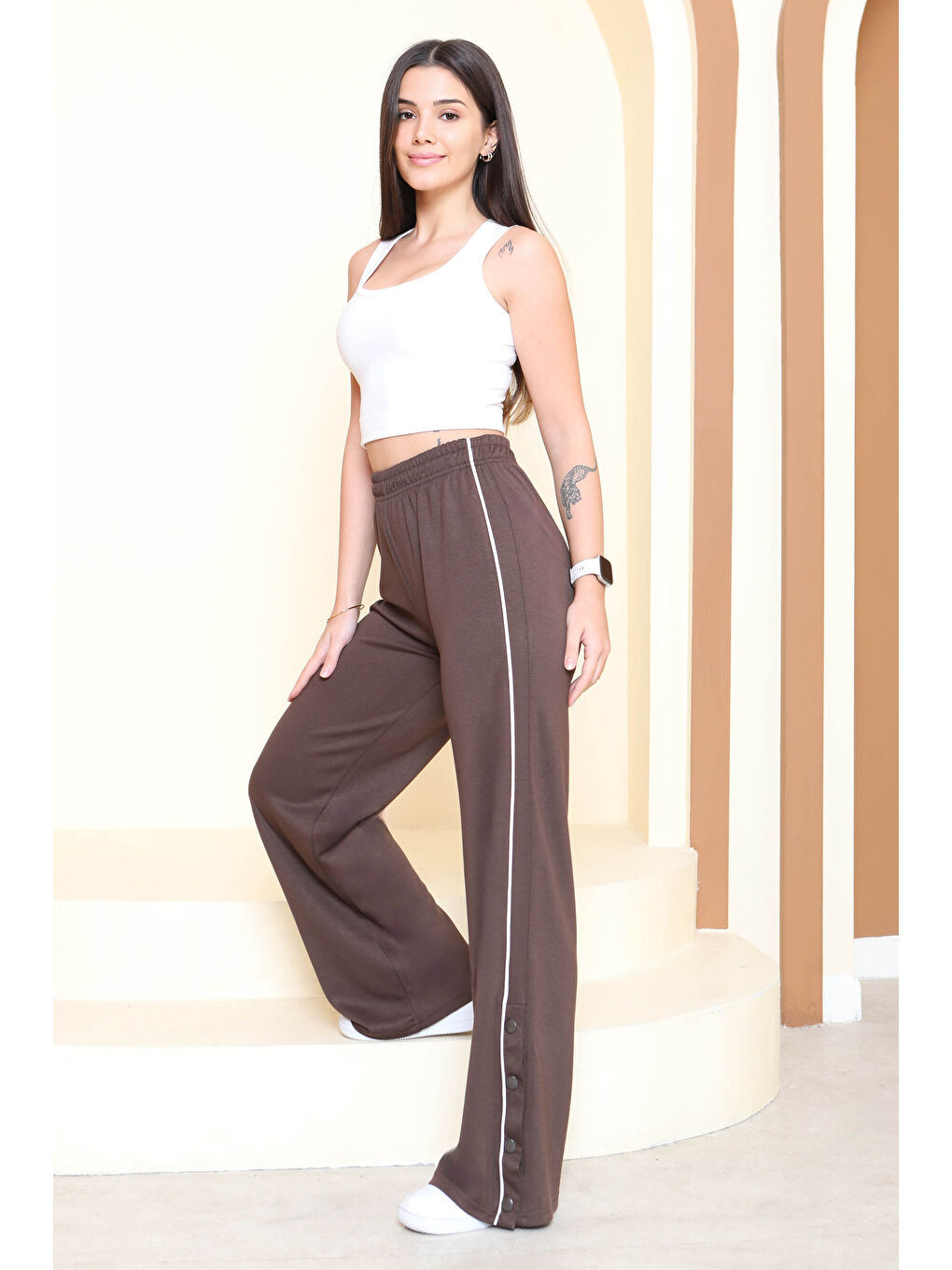 Kahverengi Şetit Ve Çıtcıt Detaylı Modal Pantolon Kahve - 27872-KAHVE-1