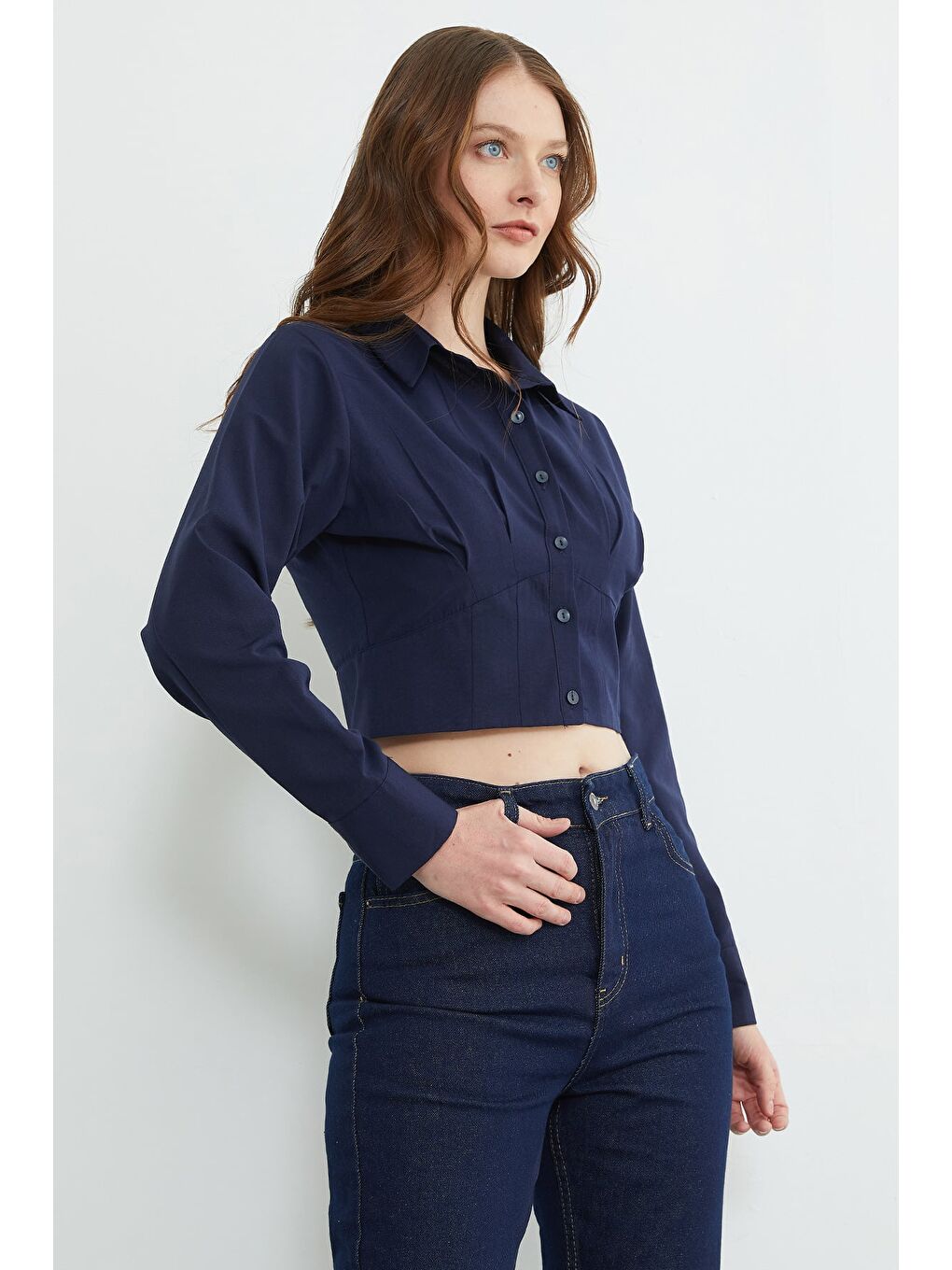 Lacivert Basic Korse Detaylı Crop Gömlek-1