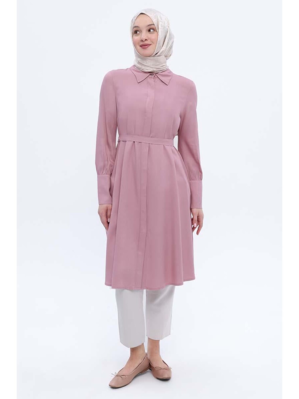 Pembe Açık Gül-geniş Manşetli Kemerli Tunik