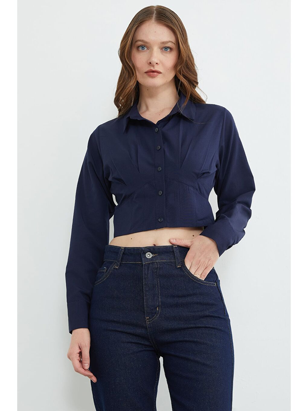 Lacivert Basic Korse Detaylı Crop Gömlek-2