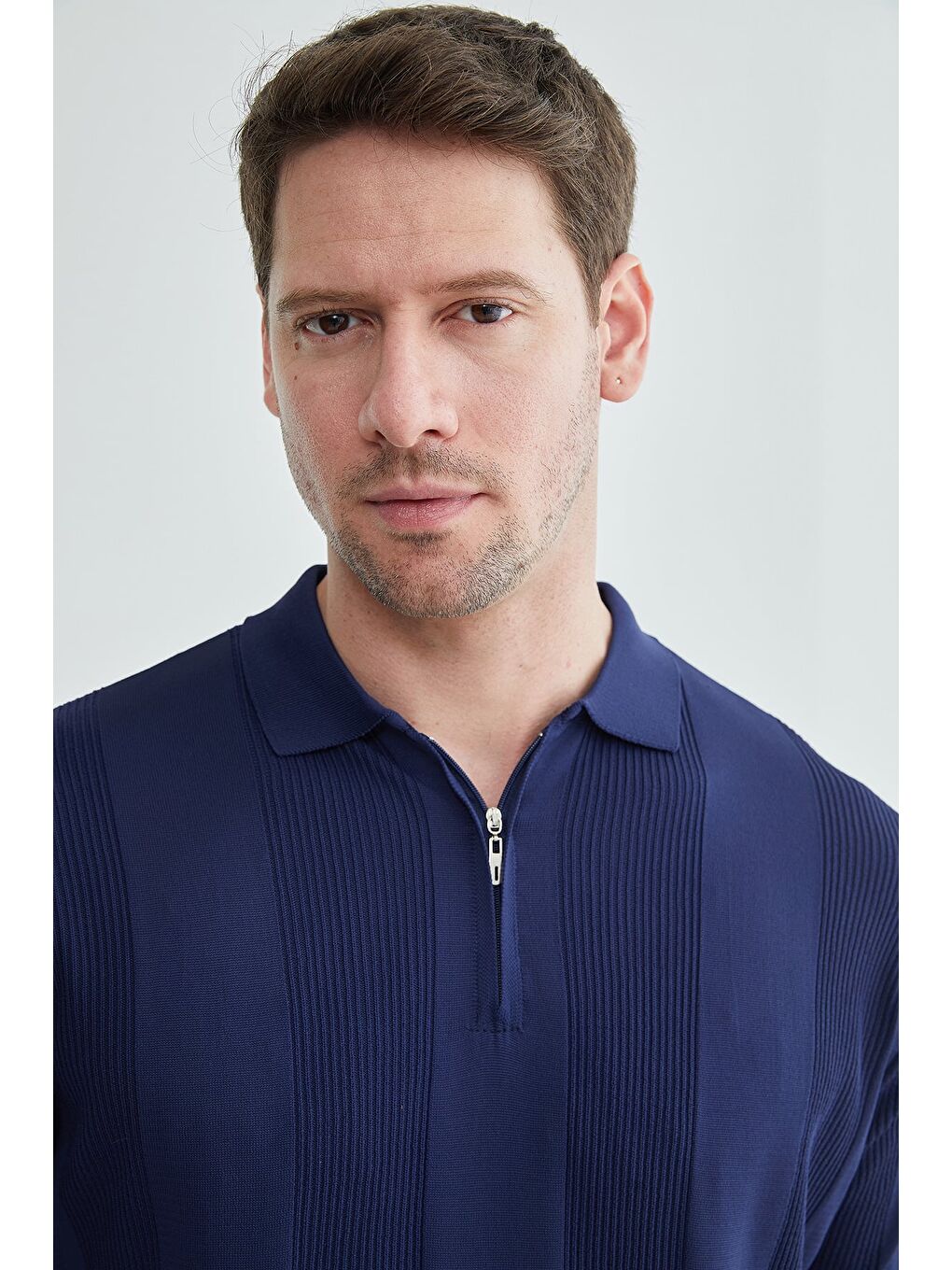 Lacivert Şeritli Yarım Fermuarlı Polo Yaka Triko Tişört-3