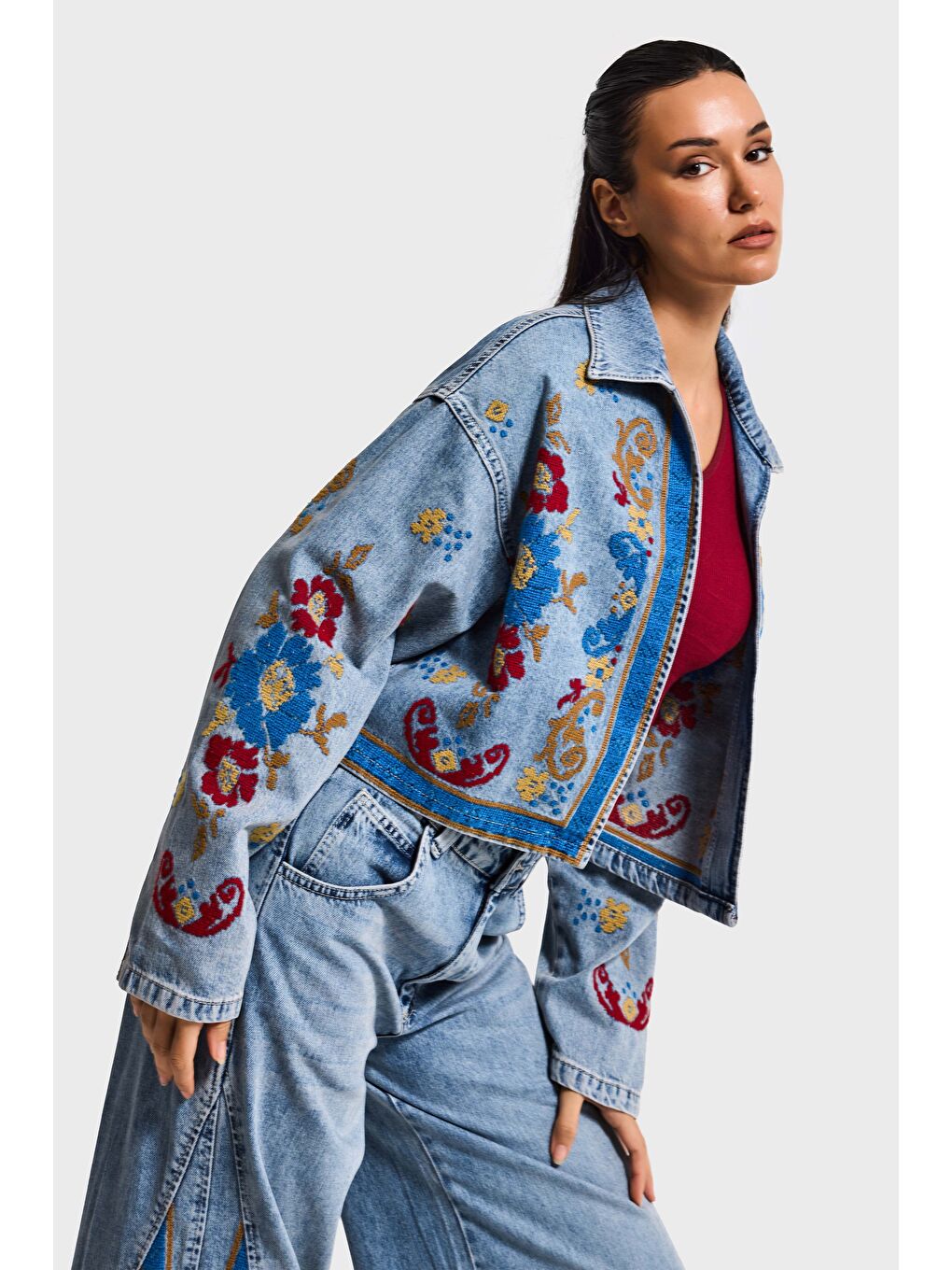 Mavi Kadın Jean Rengi 3s6-32 Bol Kesim Özel Nakış Desenli Tasarım Denm Ceket-5