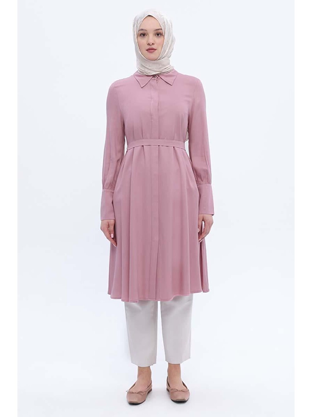 Pembe Açık Gül-geniş Manşetli Kemerli Tunik-1