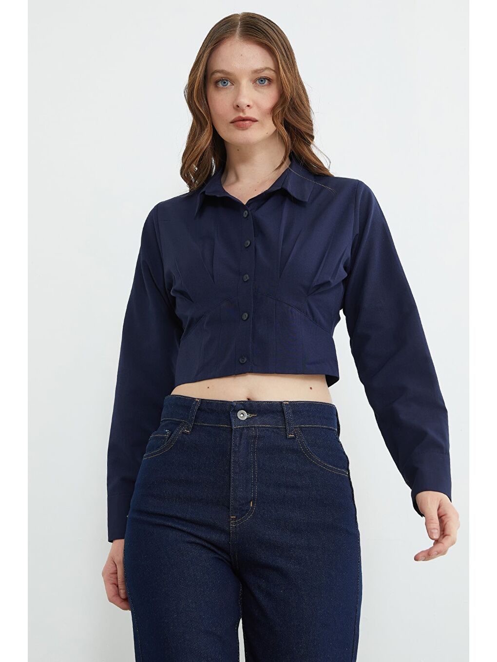 Lacivert Basic Korse Detaylı Crop Gömlek-3