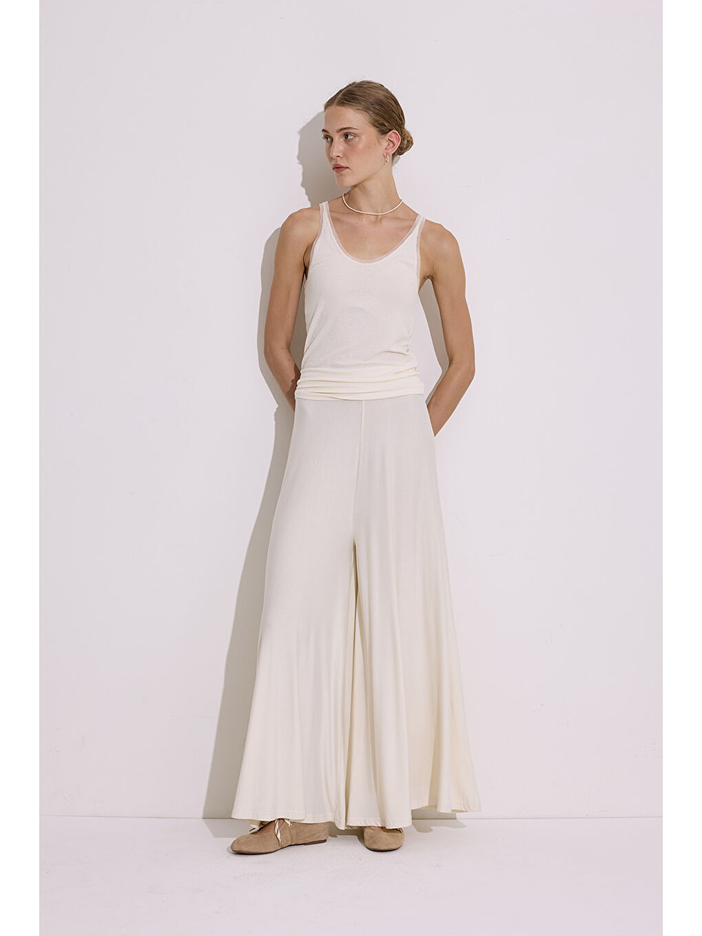 Ekru Dökümlü Rahat Pantolon İnci-2