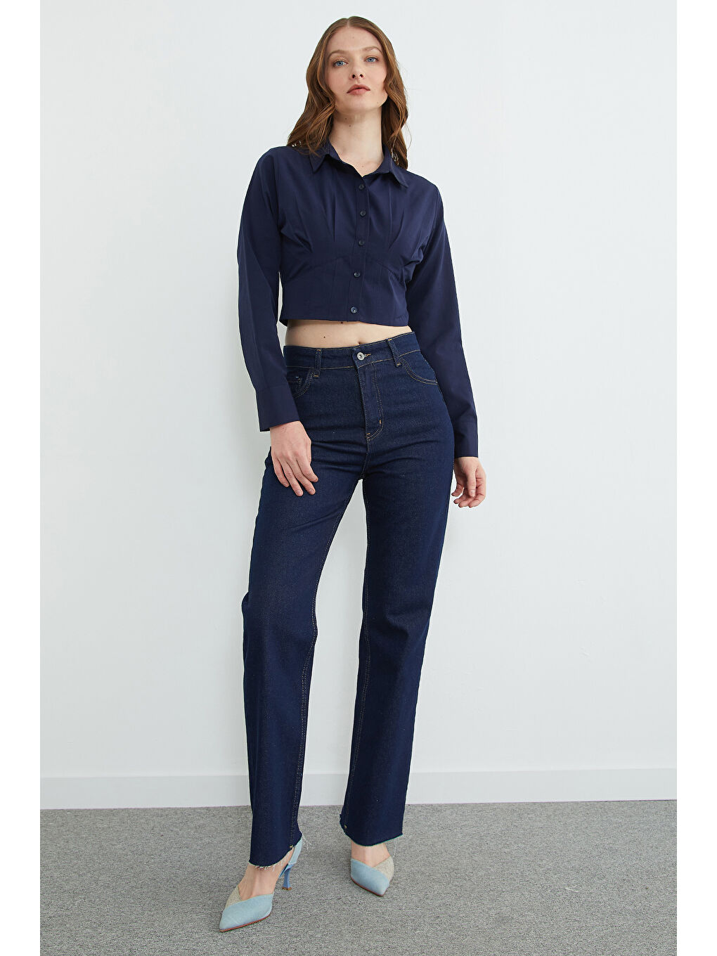 Lacivert Basic Korse Detaylı Crop Gömlek-4