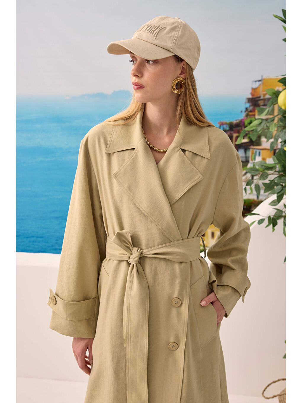 Yeşil Düğmeli Uzun Trençkot Adaçayı-2