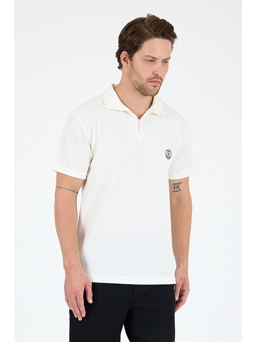 Ekru Erkek Kapris Polo Yaka Kısa Kollu Tişört – Rahat Kalıp, Nefes Alan Kumaş Erkek Tişört 7918-1