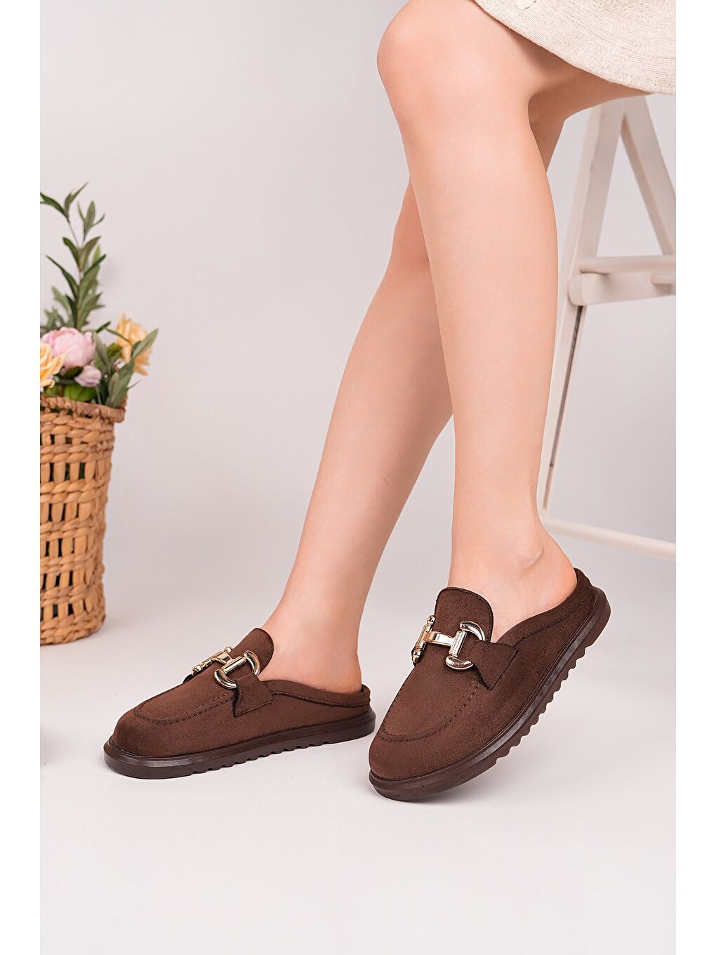 Kahverengi CARLEEN Süet Deri Gold Tokalı Günlük Rahat Önü Kapalı Kadın Loafer Terlik-4