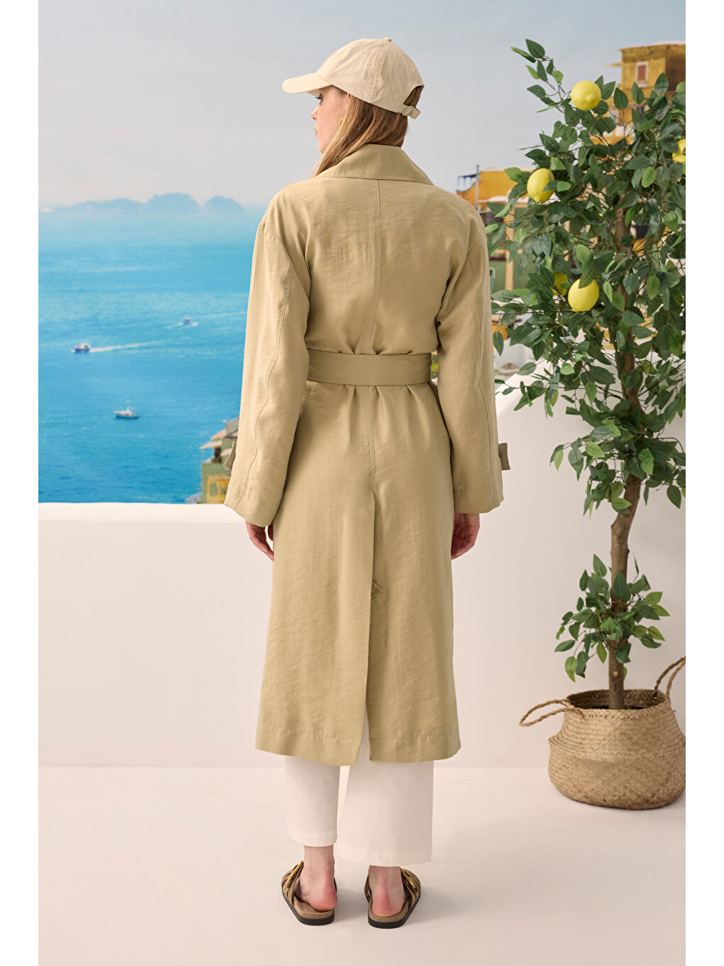 Yeşil Düğmeli Uzun Trençkot Adaçayı-3