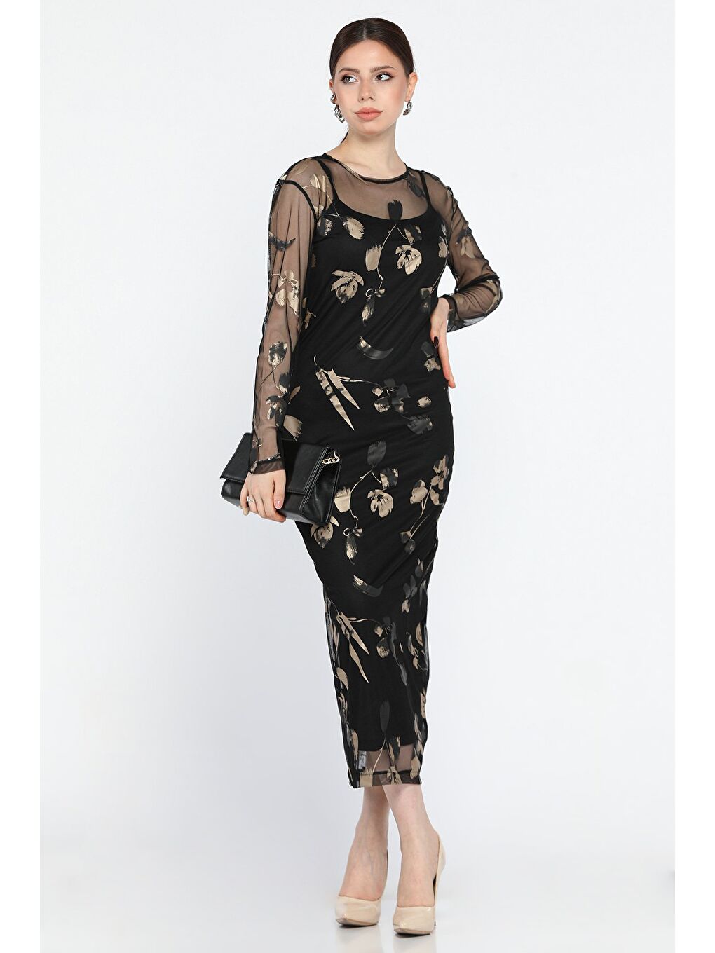 Siyah Kadın İç Astarlı Desenli Tül Elbise-1