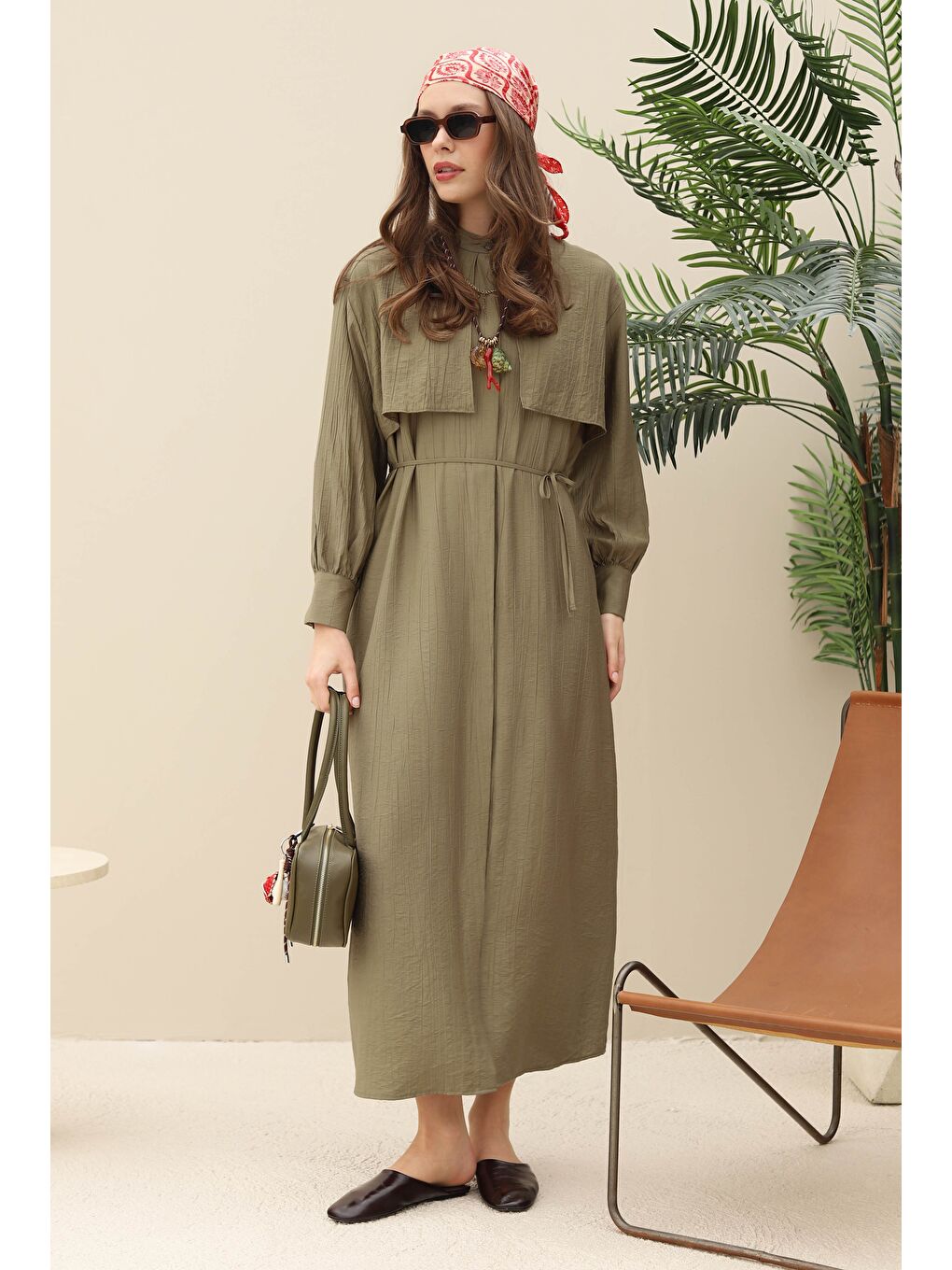 Yeşil Rüzgarlıklı Elbise Mat Adaçayı-2