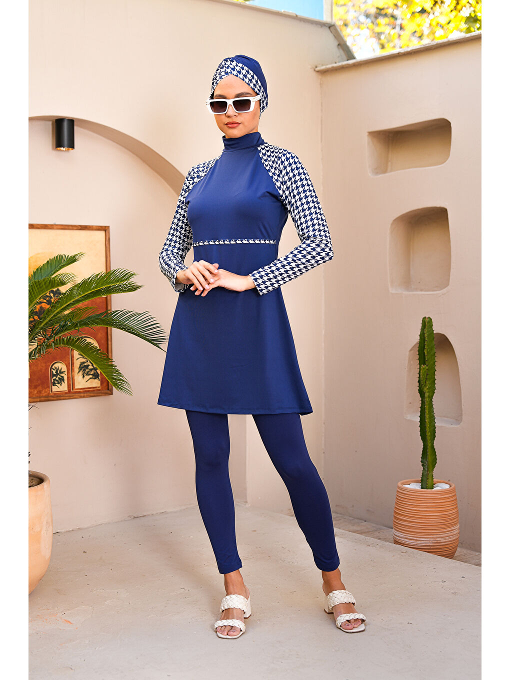 Lacivert Kaz Ayağı Desenli Taytlı Kapalı Tesettür Mayo 3710-2