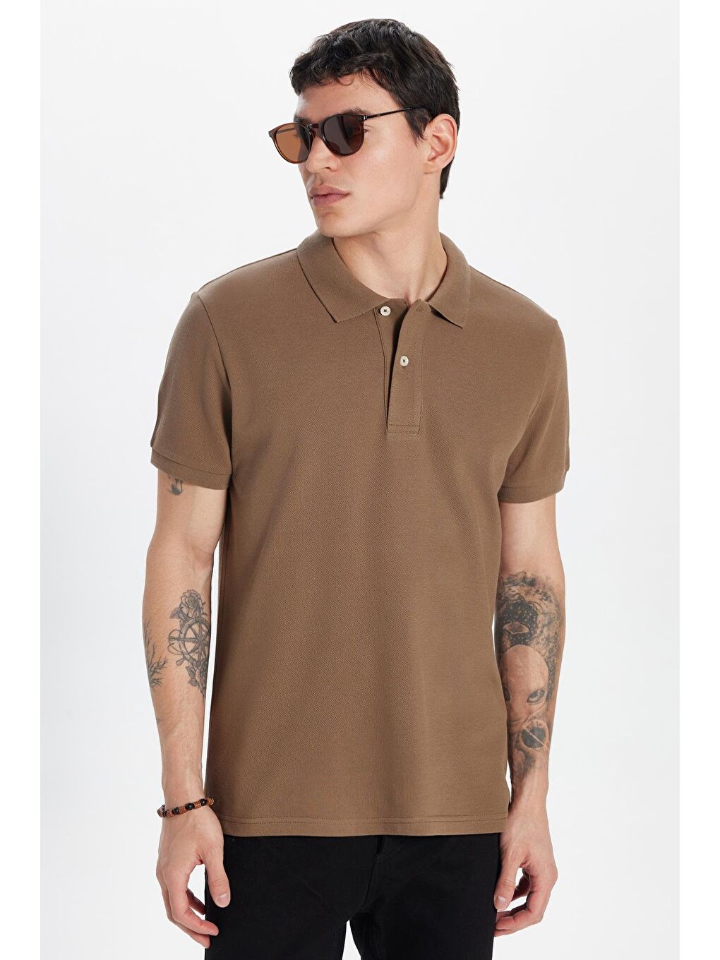 Erkek Slim Fit Dar Kesim %100 Pamuk Kahverengi Polo Yaka Tişört-2