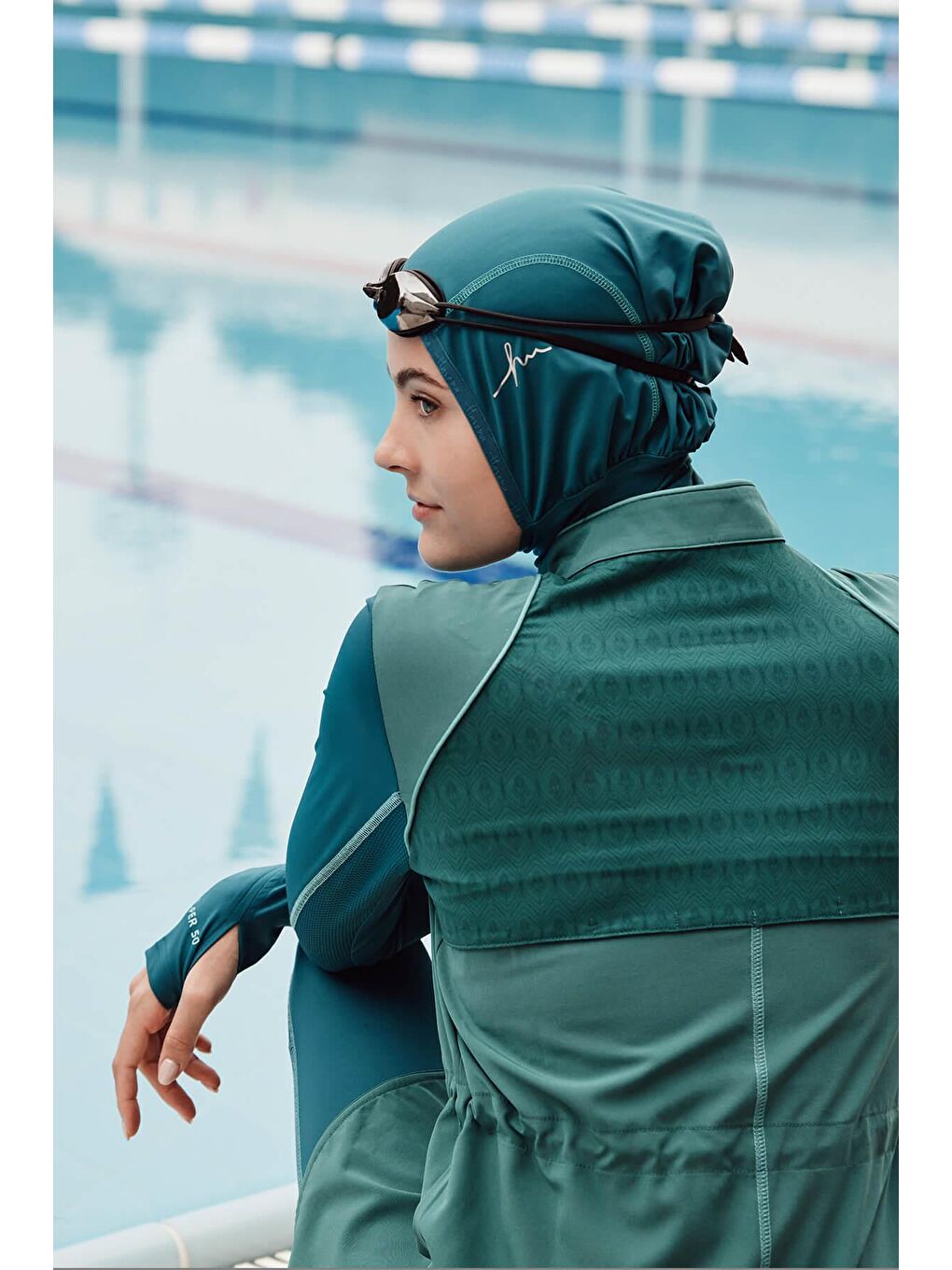 Turkuaz Performans Serisi Petek Doku Detaylı Su Yeşili 5 Parça Tam Tesettür Mayo Takımı H-Per50 2001-2