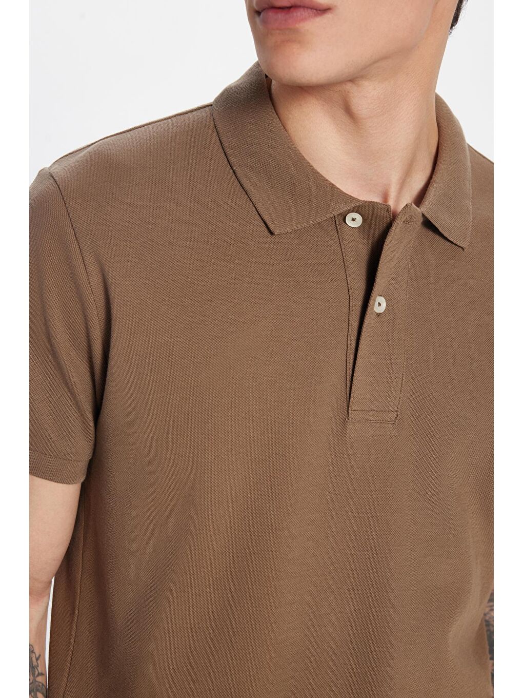 Erkek Slim Fit Dar Kesim %100 Pamuk Kahverengi Polo Yaka Tişört-3