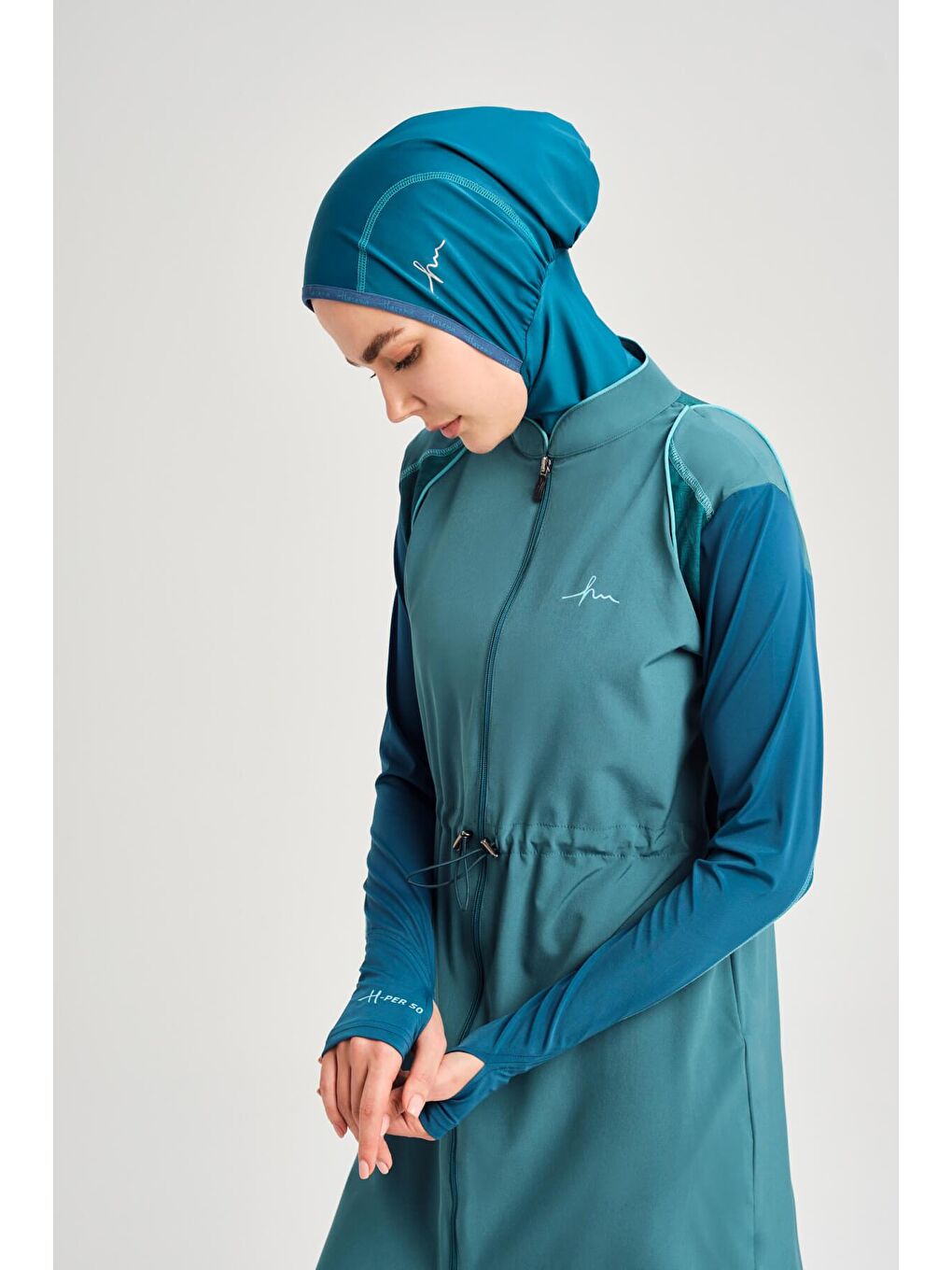 Turkuaz Performans Serisi Petek Doku Detaylı Su Yeşili 5 Parça Tam Tesettür Mayo Takımı H-Per50 2001-3