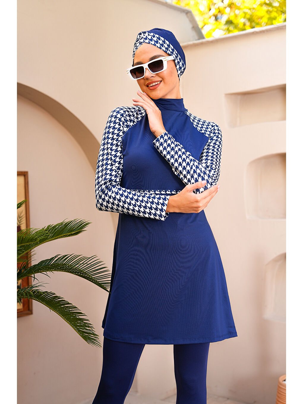 Lacivert Kaz Ayağı Desenli Taytlı Kapalı Tesettür Mayo 3710-3