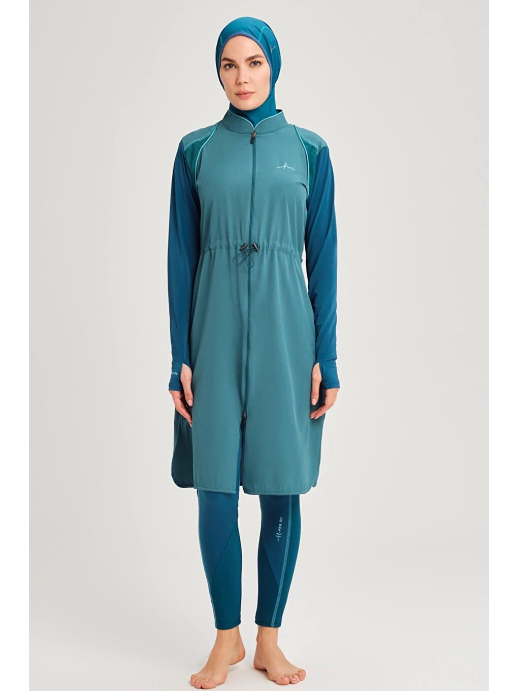 Turkuaz Performans Serisi Petek Doku Detaylı Su Yeşili 5 Parça Tam Tesettür Mayo Takımı H-Per50 2001-4