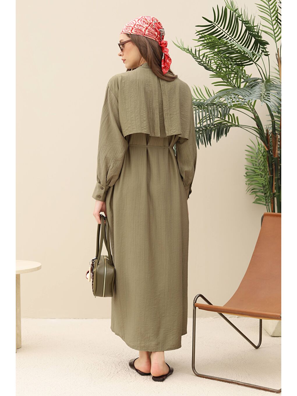 Yeşil Rüzgarlıklı Elbise Mat Adaçayı-4