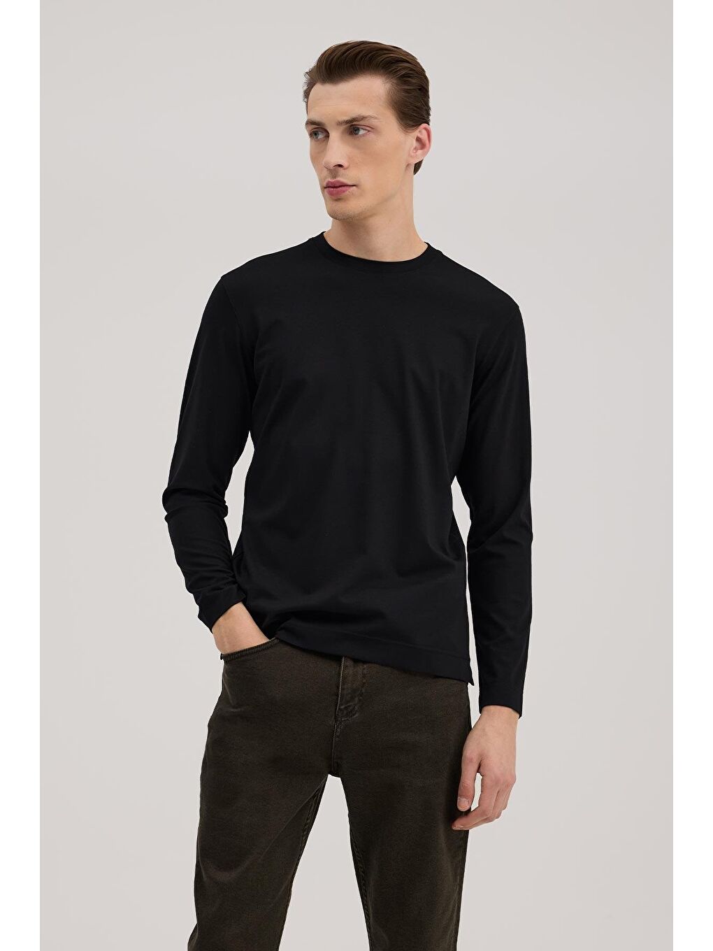 Siyah Slim Fit Bisiklet Yaka Rayon Uzun Kollu Basic T-Shirt