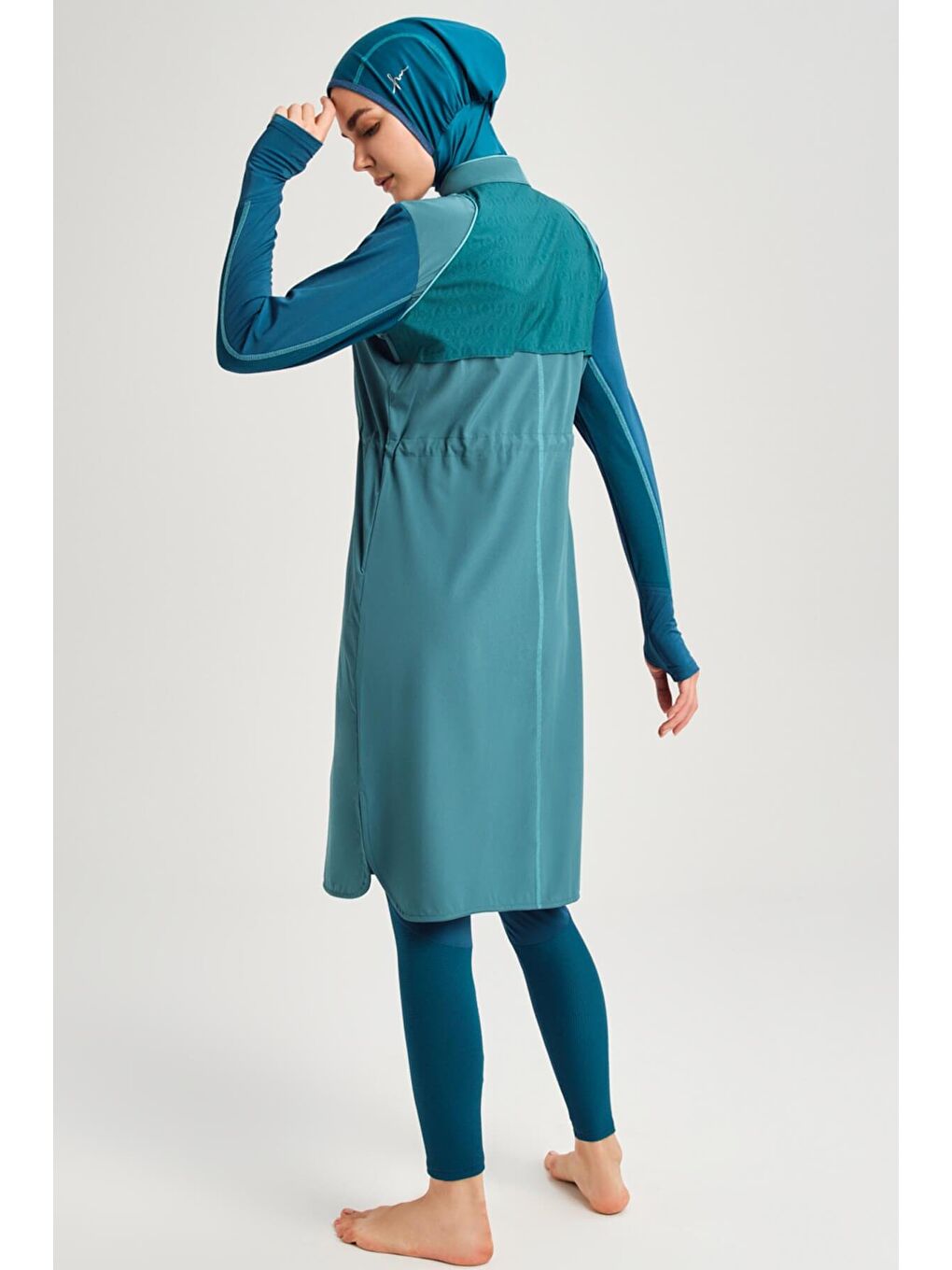 Turkuaz Performans Serisi Petek Doku Detaylı Su Yeşili 5 Parça Tam Tesettür Mayo Takımı H-Per50 2001-5