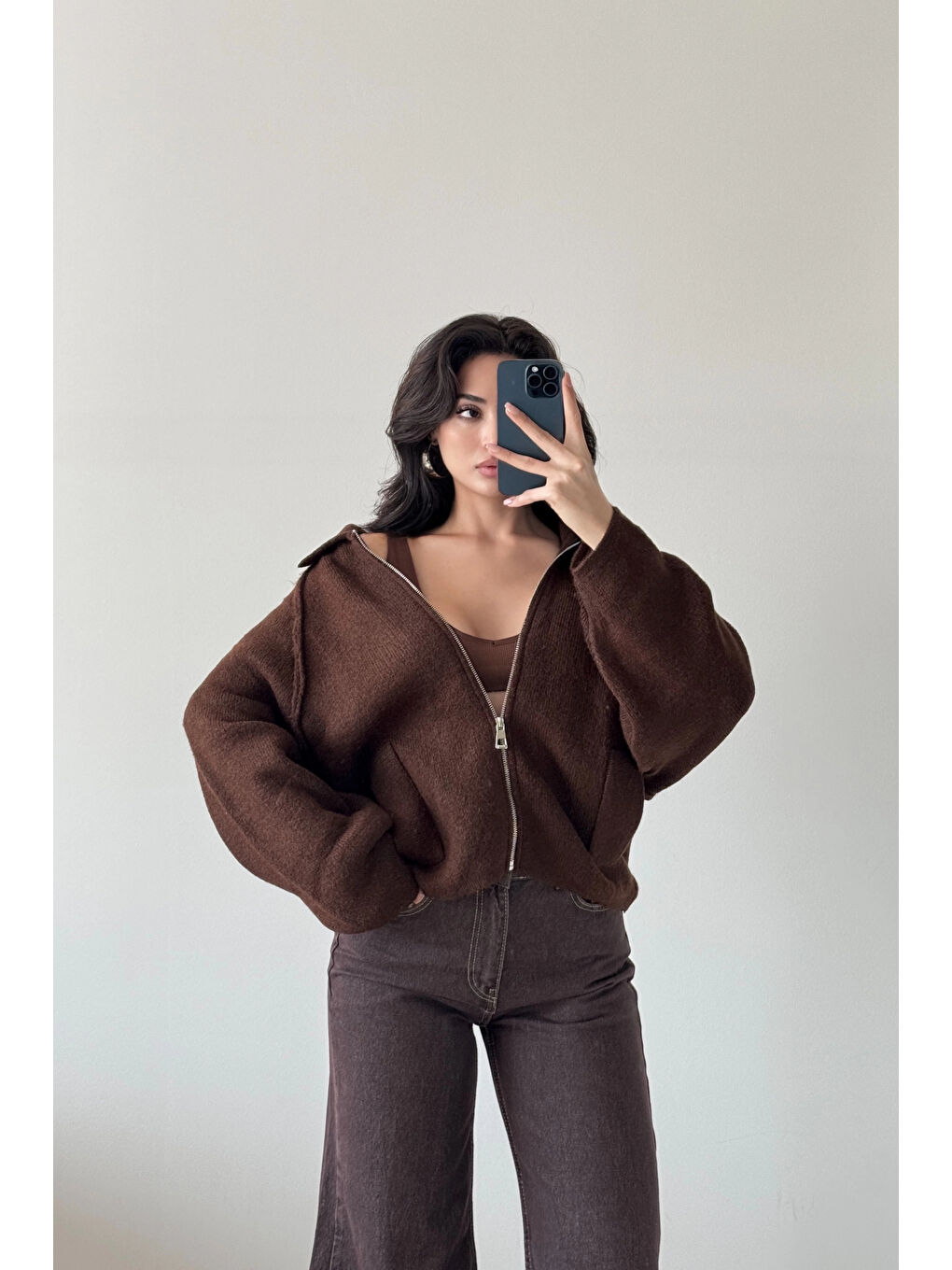 Kahverengi Kadın Kahve Fermuarlı Oversize Hırka 1014-2381-1