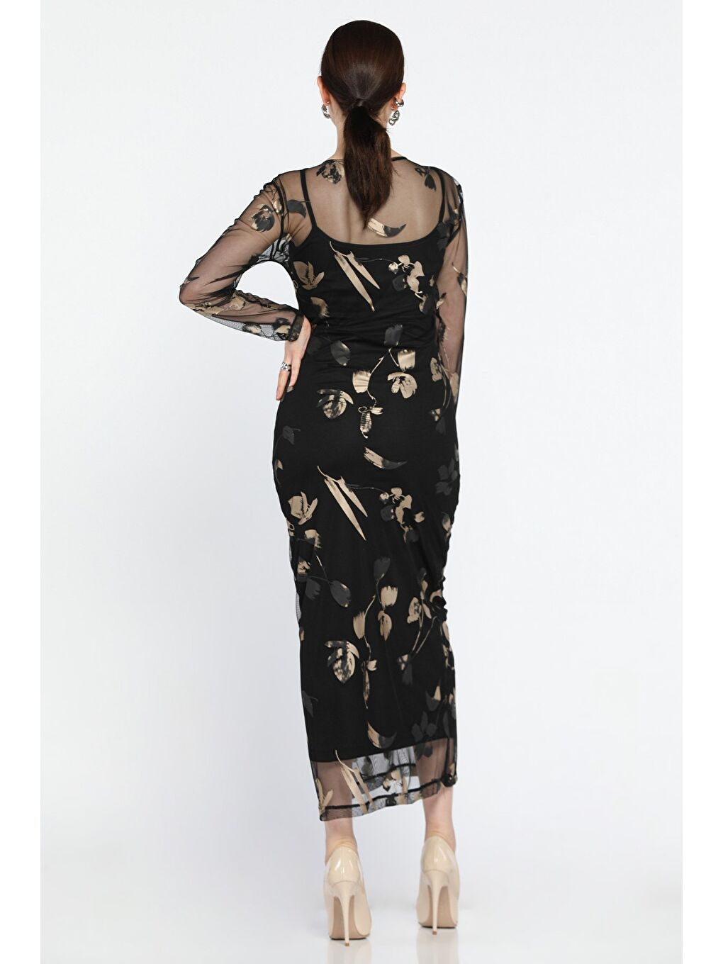 Siyah Kadın İç Astarlı Desenli Tül Elbise-2