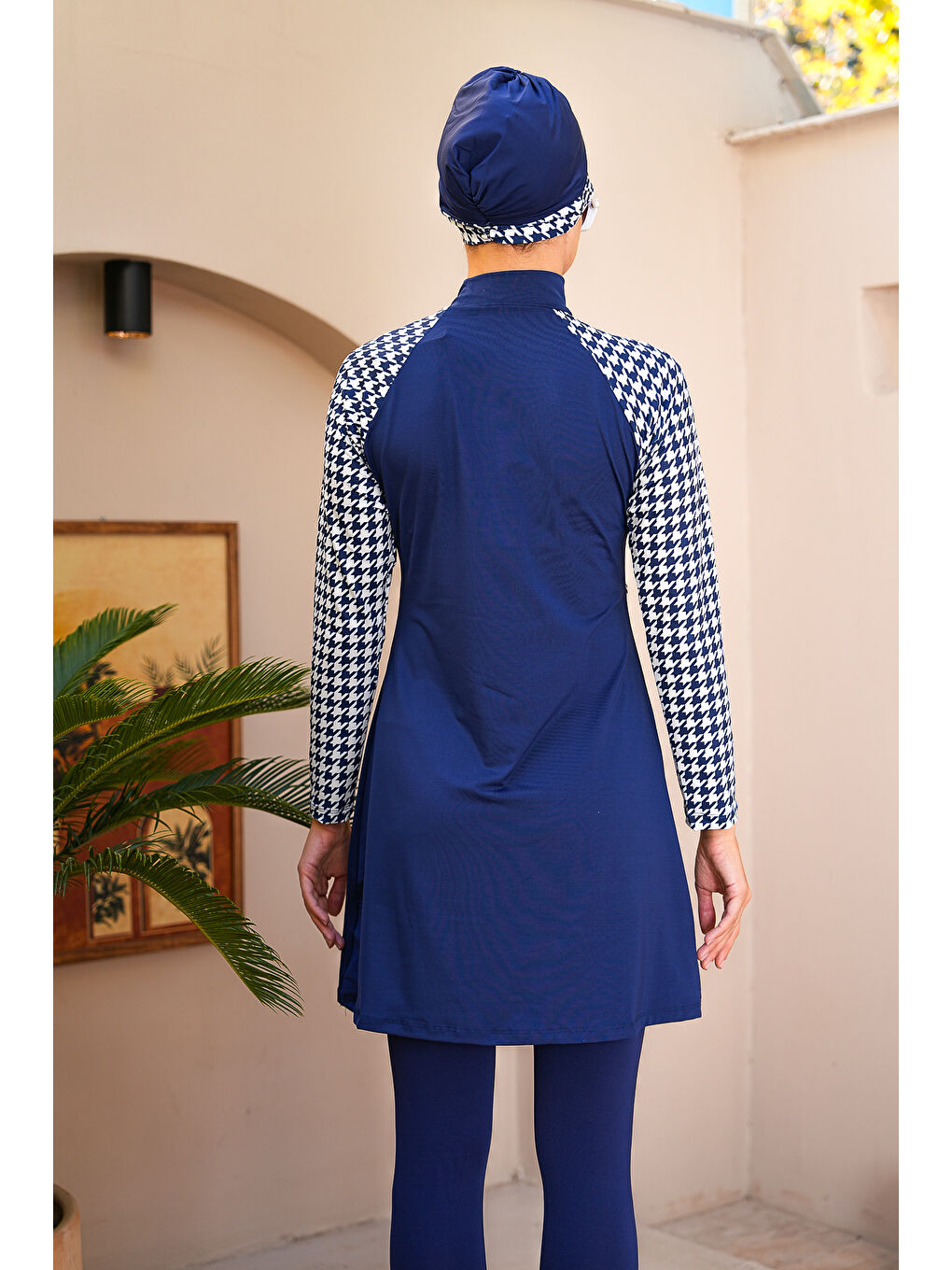 Lacivert Kaz Ayağı Desenli Taytlı Kapalı Tesettür Mayo 3710-4