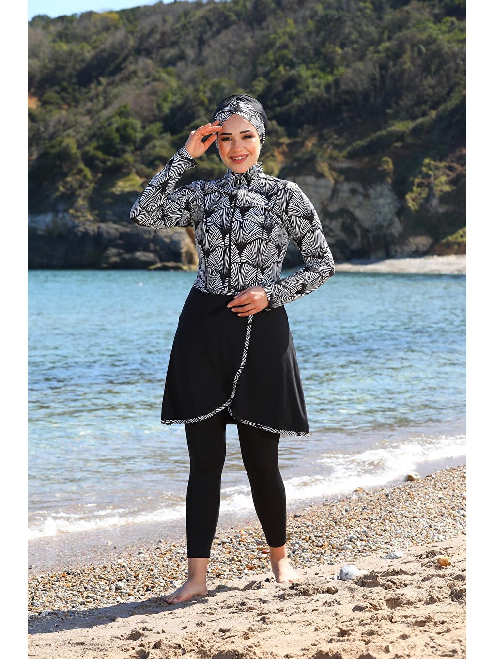 Siyah Pareo Model Tasarım Taytlı Kapalı Tesettür Mayo 33504-1