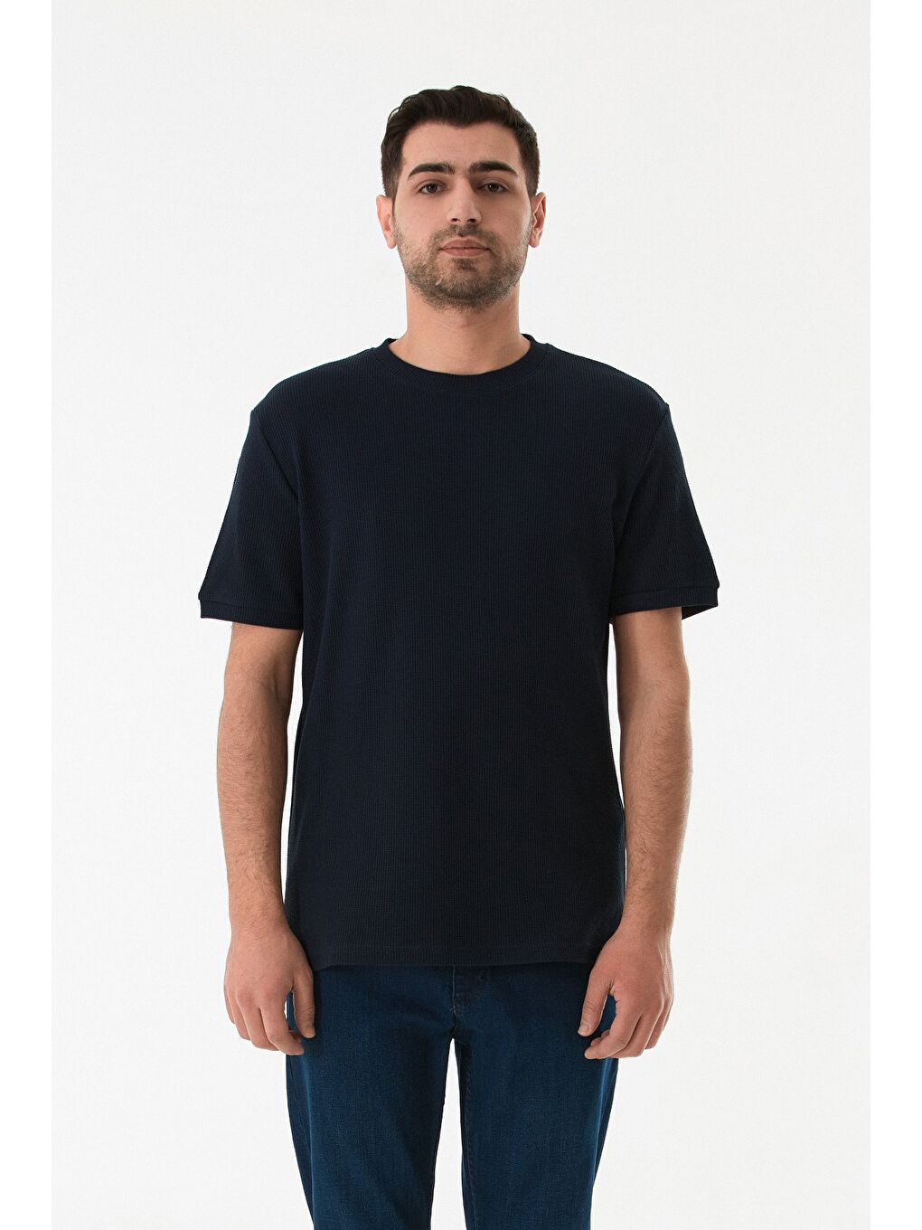 İndigo Waffle Kumaş Bisiklet Yaka Tişört