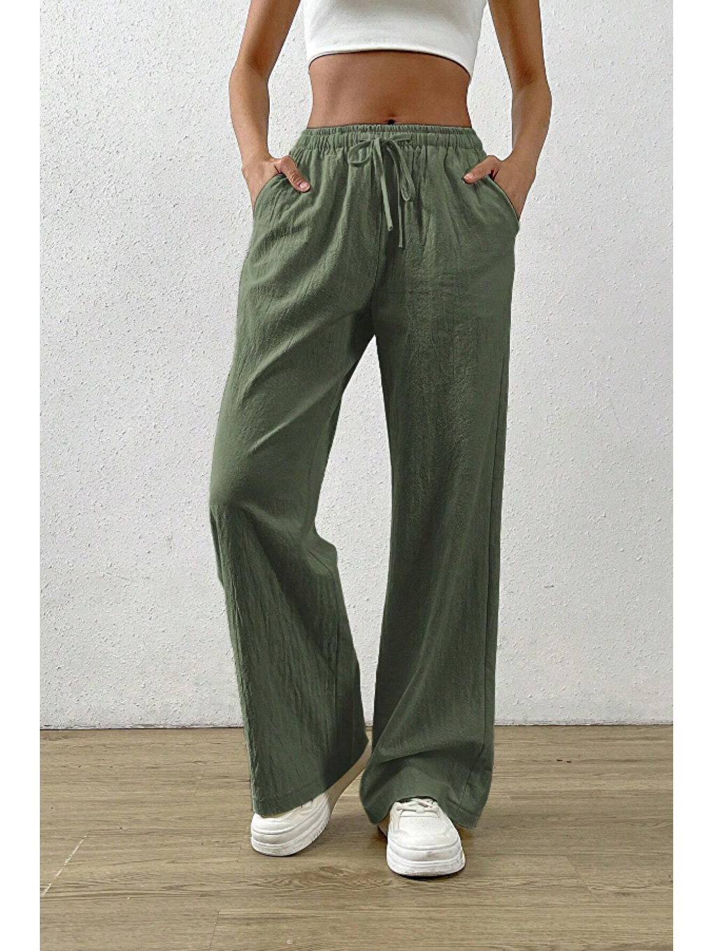 Açık Haki Bol Paça Müslin Kadın Pantolon-1