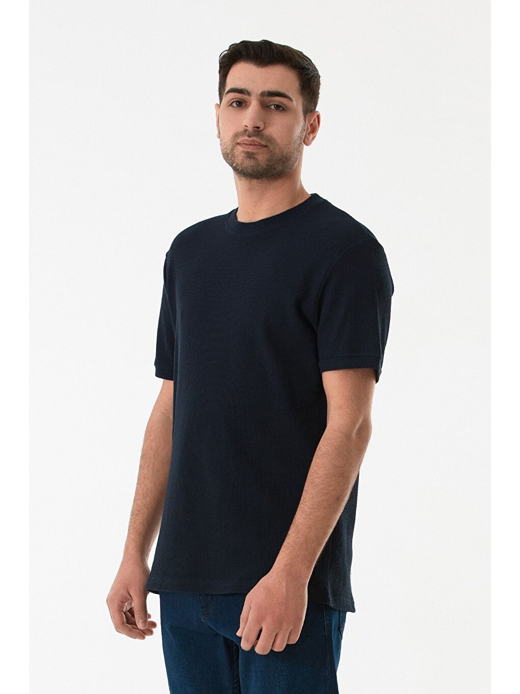 İndigo Waffle Kumaş Bisiklet Yaka Tişört-1