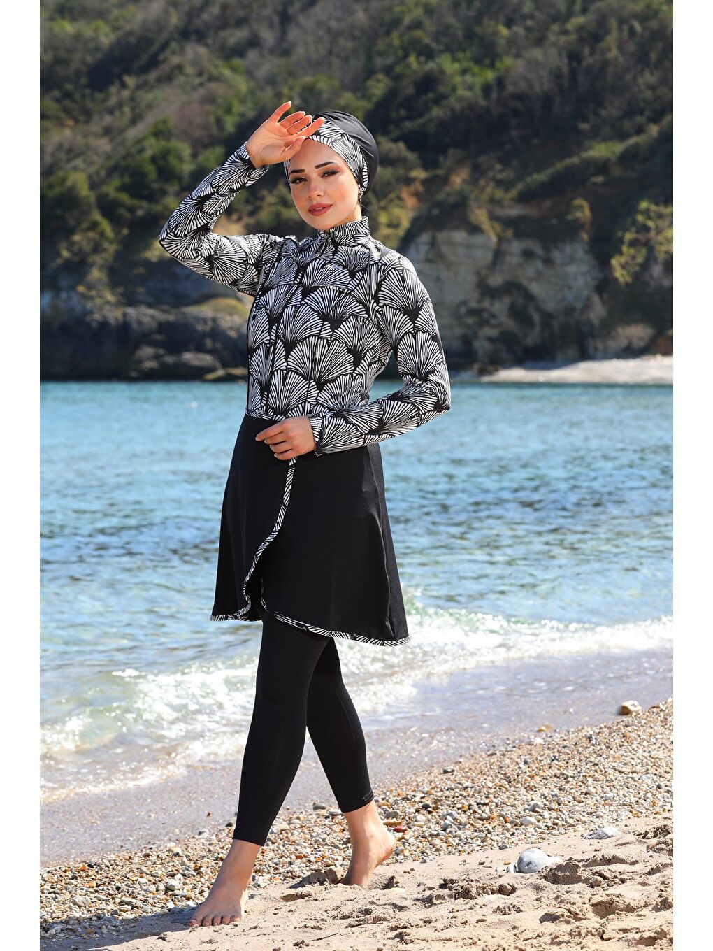 Siyah Pareo Model Tasarım Taytlı Kapalı Tesettür Mayo 33504-3