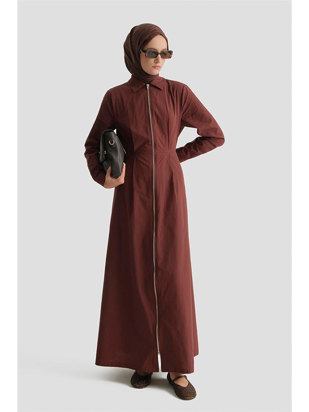 Kahverengi Fermuar Detaylı Fitted Elbise Kahve-1