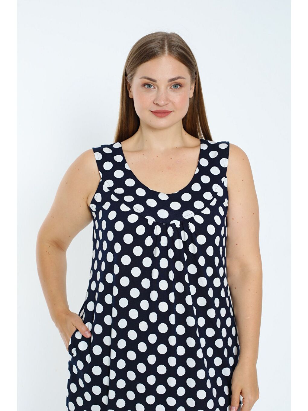 Lacivert Kadın Puantiyeli Askılı Cepli Büyük Beden Pamuklu Elbise-2