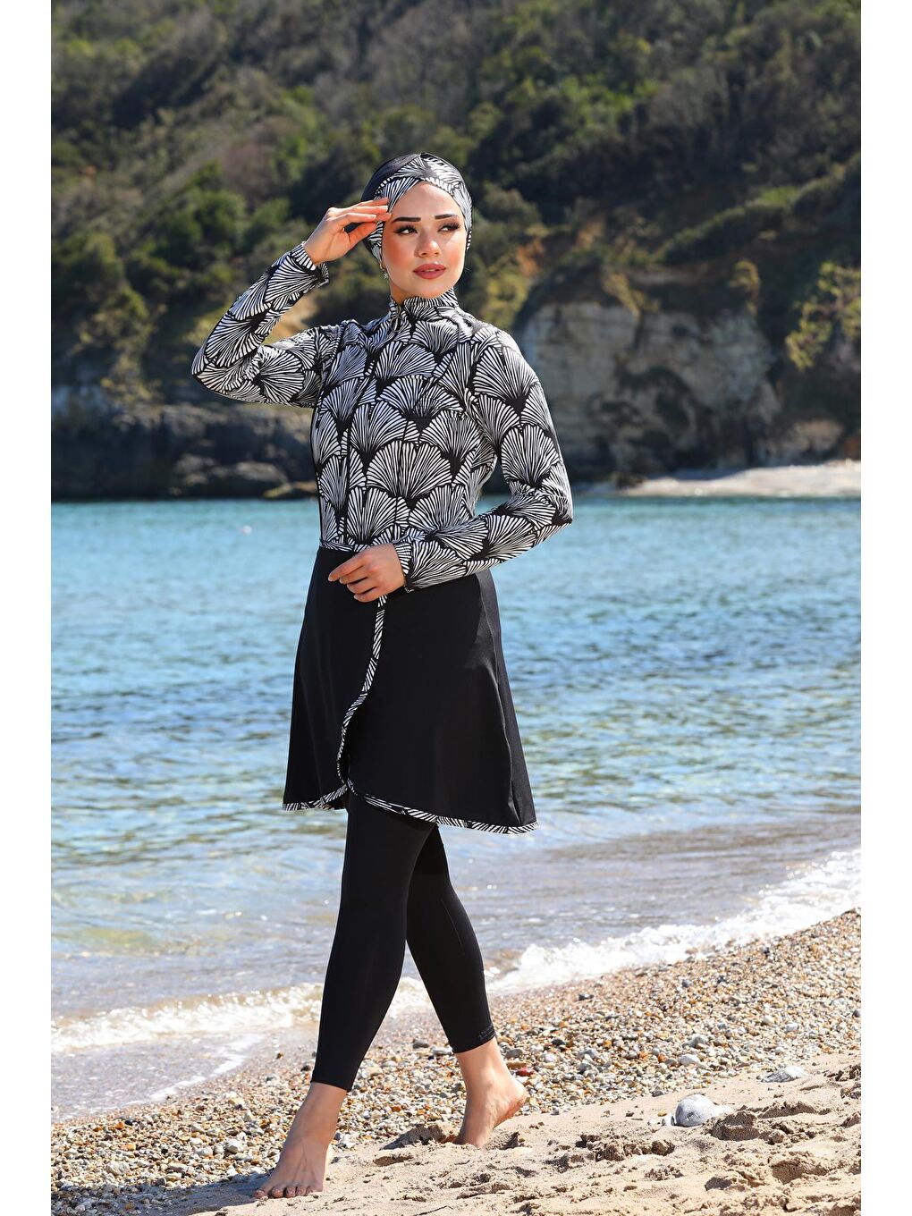 Siyah Pareo Model Tasarım Taytlı Kapalı Tesettür Mayo 33504-4