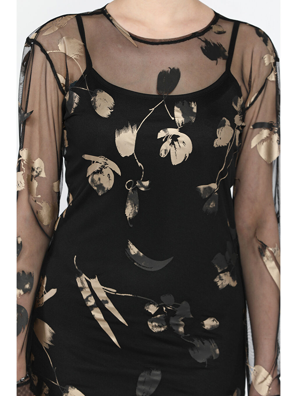 Siyah Kadın İç Astarlı Desenli Tül Elbise-3